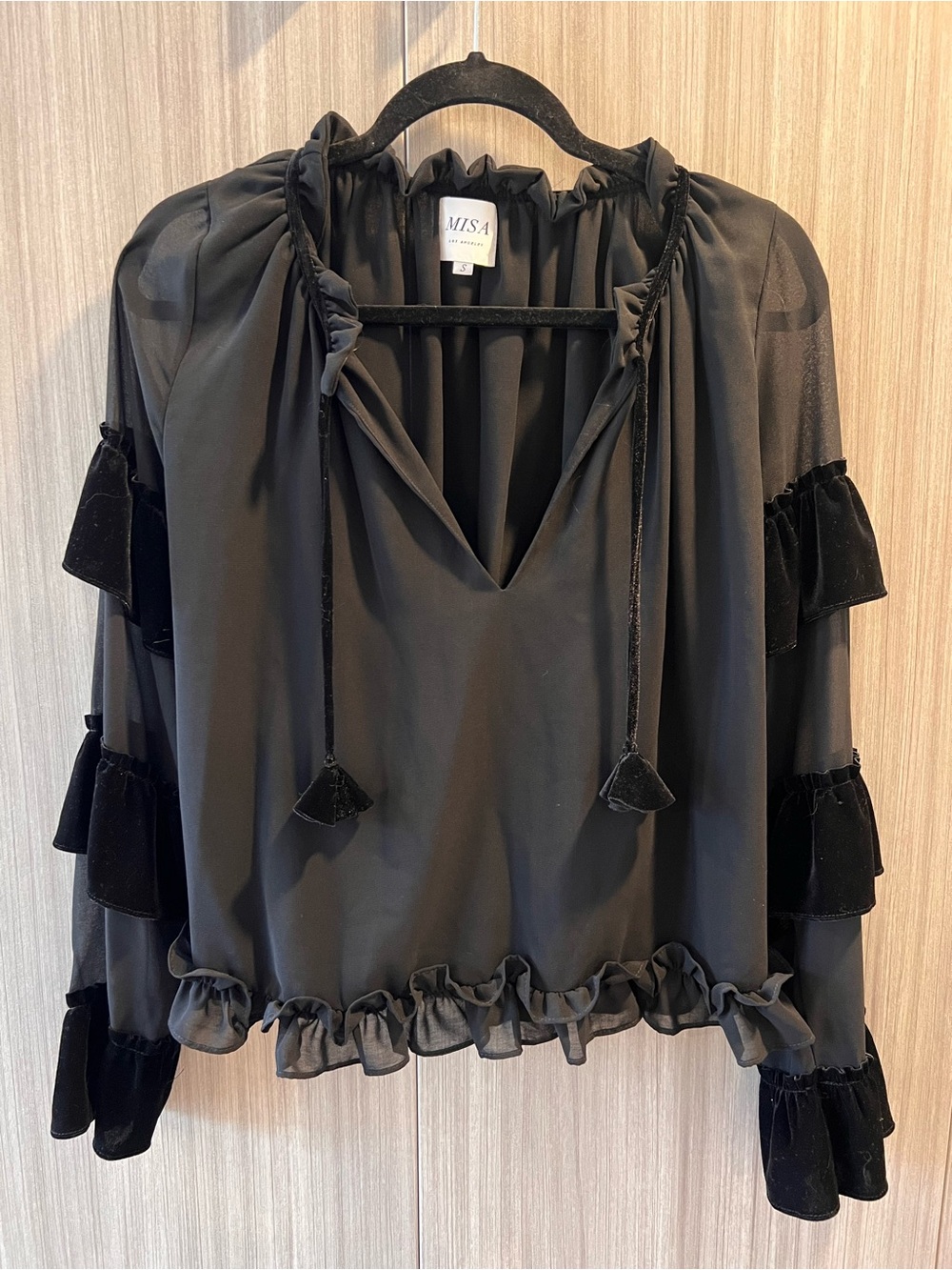 MISA Los Angeles Black Sheer Ruffle Tie-Neck Blouse